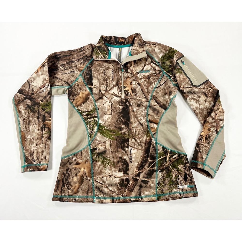Cabela's OutfitHer Zonz Woodlands Camo 1/4 Zip Fleece Lined Pullover Women's S